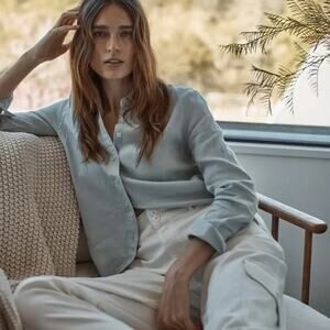 Quince European Linen Button Up Shirt Women’s Large Mist Blue NWT Long Sleeve